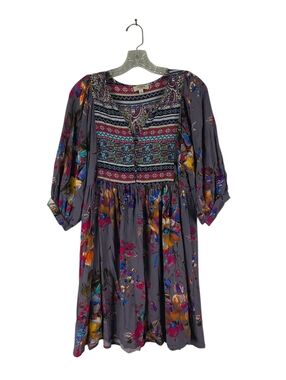 Umgee Mini Dress Women's S Purple Boho Floral Peasant Floral Tunic V Neck Summer